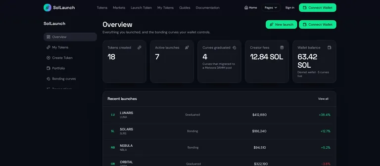 RocketZA launch dashboard showing live token launches, fees collected and bonding-curve progress